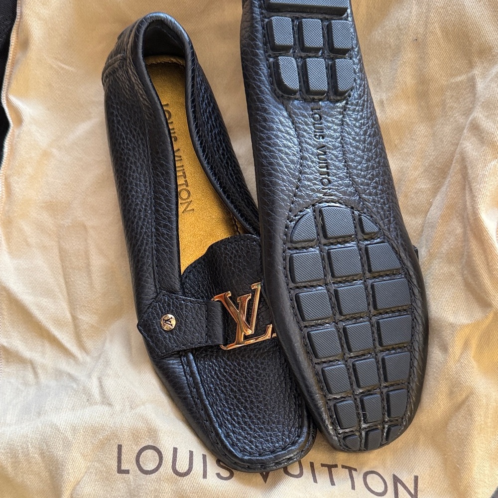 Louis Vuitton Textured Black Loafers with Gold Accent